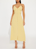 Maxi Dress with Adjustable Spaghetti Straps and Button Front in Yellow