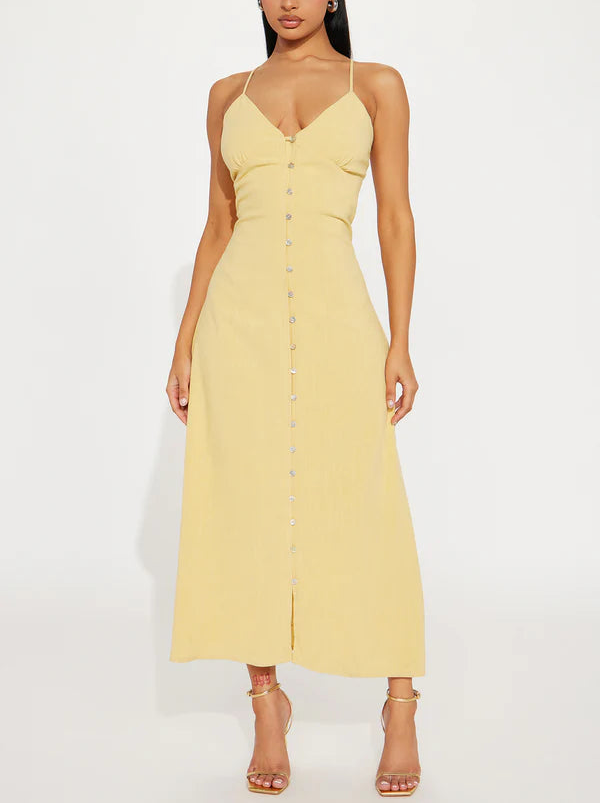 Maxi Dress with Adjustable Spaghetti Straps and Button Front in Yellow