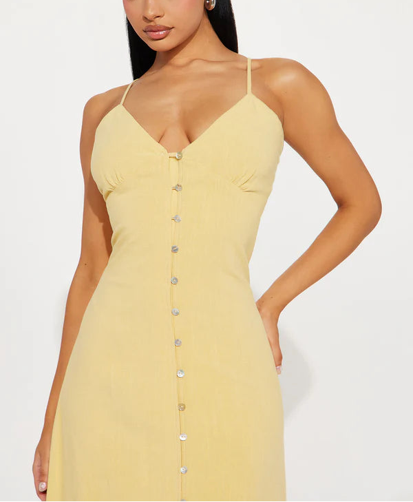 Maxi Dress with Adjustable Spaghetti Straps and Button Front in Yellow