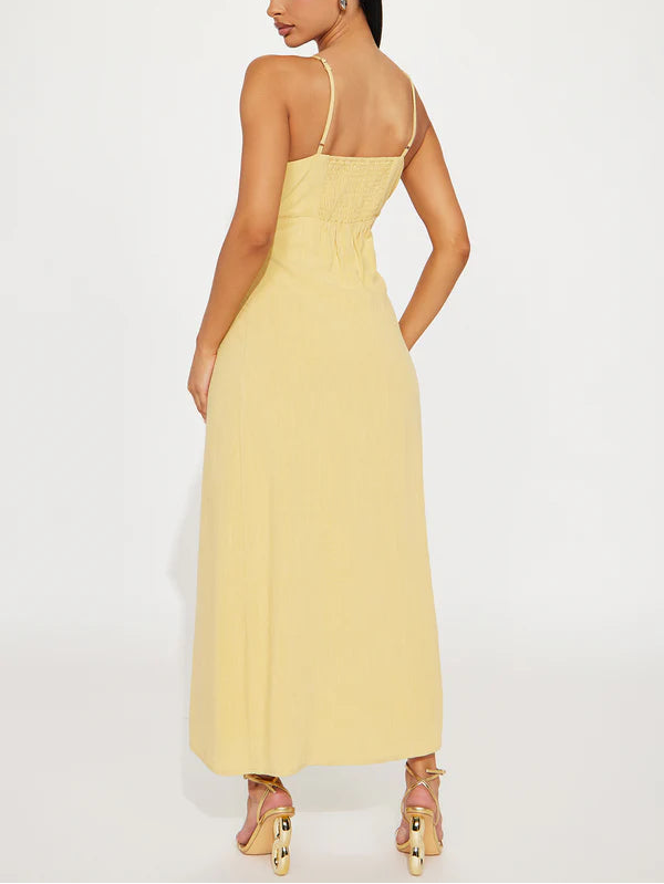 Maxi Dress with Adjustable Spaghetti Straps and Button Front in Yellow