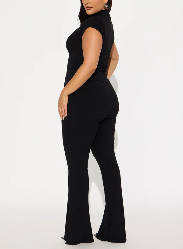 Black two-piece set: short-sleeved top and straight-leg pants