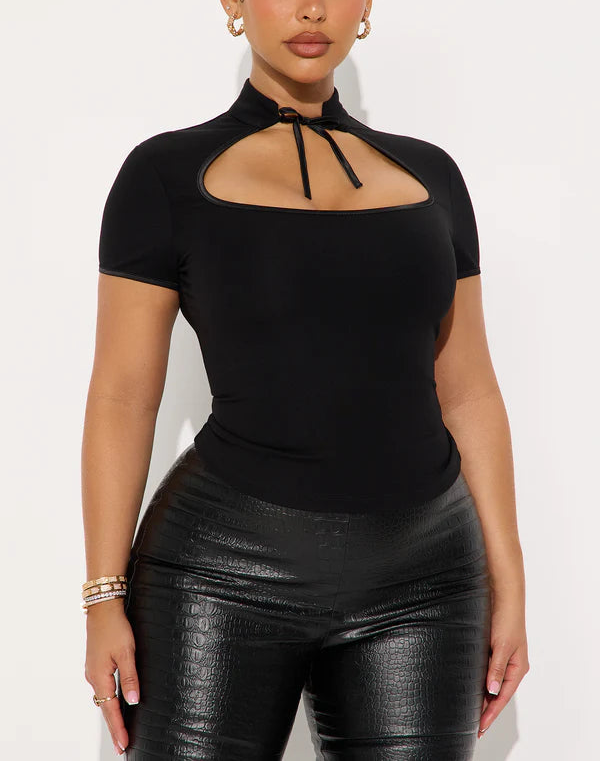 Mock Neck Cut-Out Tie Detail Top