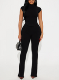 Black two-piece set: short-sleeved top and straight-leg pants
